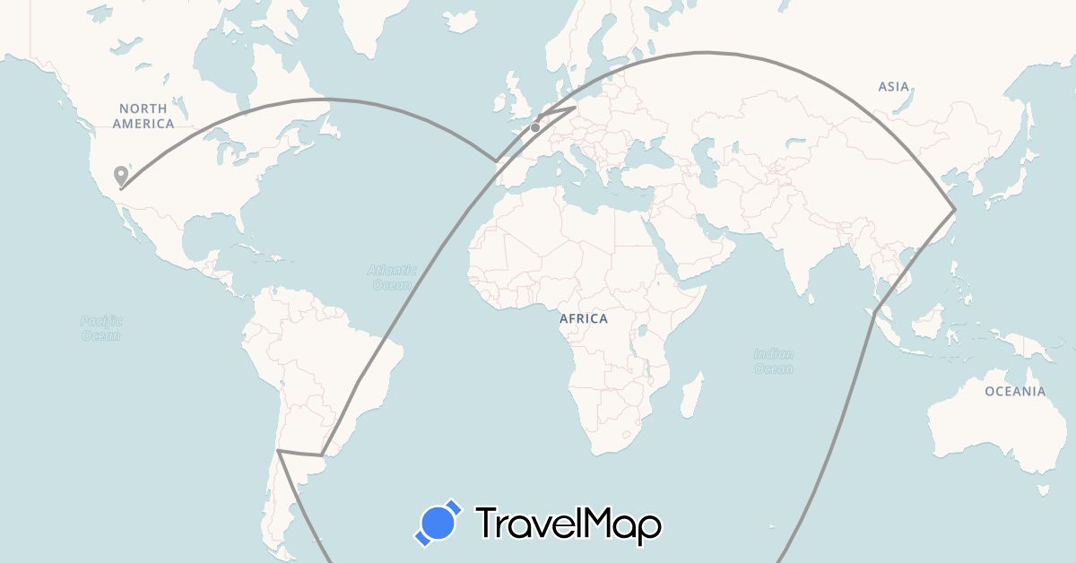 TravelMap itinerary: plane in Argentina, Belgium, Brazil, Chile, China, Germany, Spain, France, Indonesia, Portugal, United States (Asia, Europe, North America, South America)
